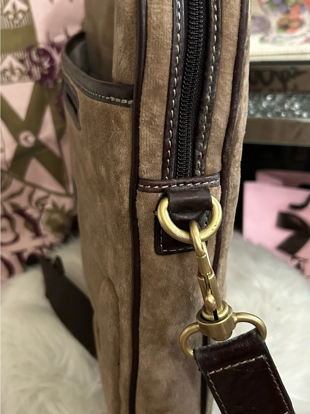 Y2K Vintage 2008 Juicy Couture Brown Velour Laptop Crossbody Bag Floral Logo